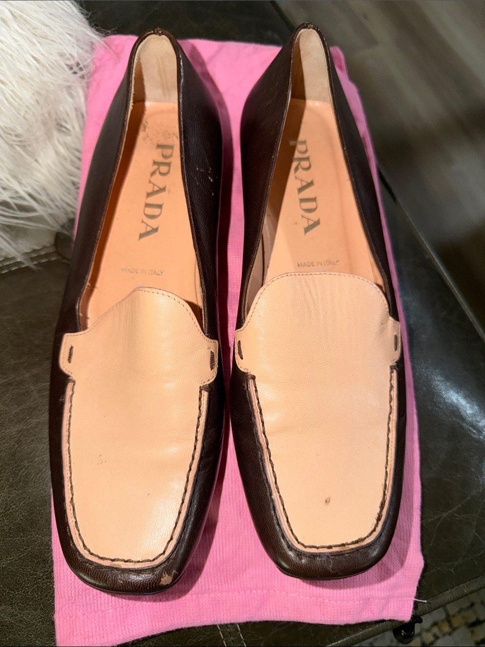 Prada Two-Tone Leather Loafers — Brown & Blush Pink